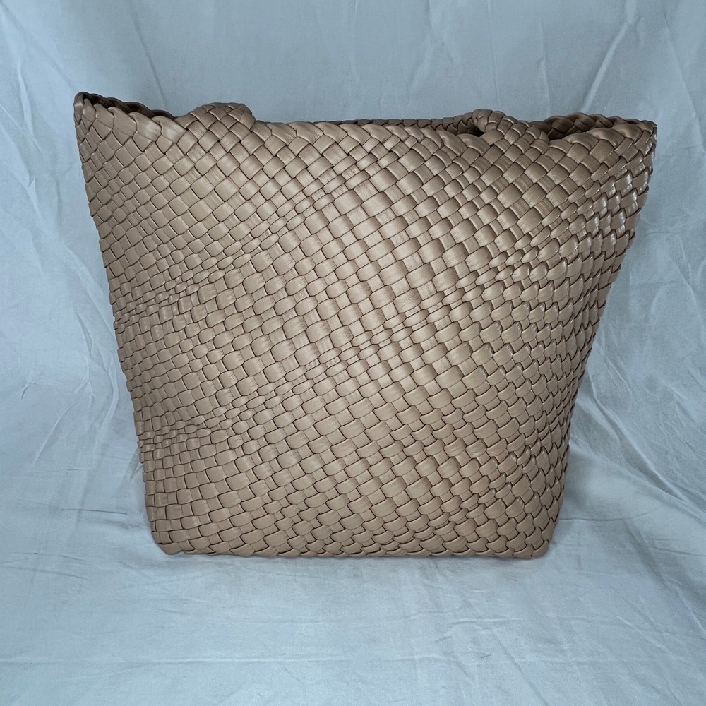 leather woven tote bag tan basket‎ weave shoulder handbag queenoris NWT - Picture 4 of 10